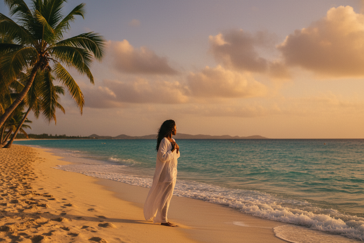 Person standing on a Caribbean beach at golden hour, looking out at the ocean with palm trees and warm sunset colors