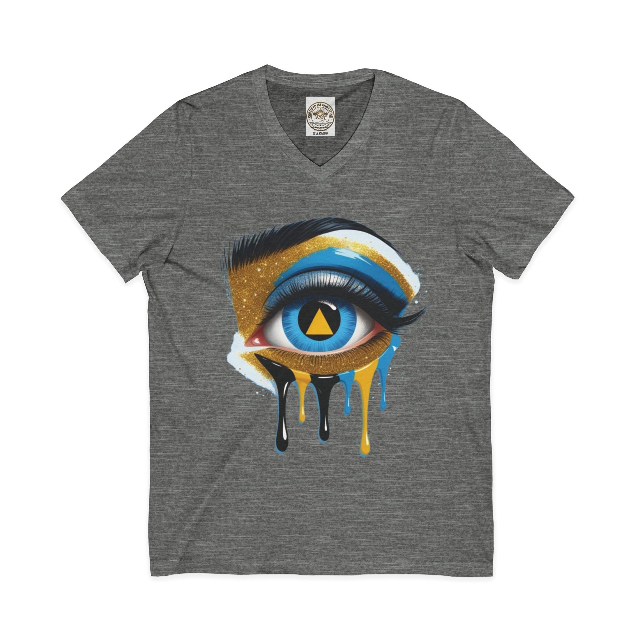 St. Lucia Flag Eye V-Neck Tee — Artistic Caribbean Pride T-Shirt