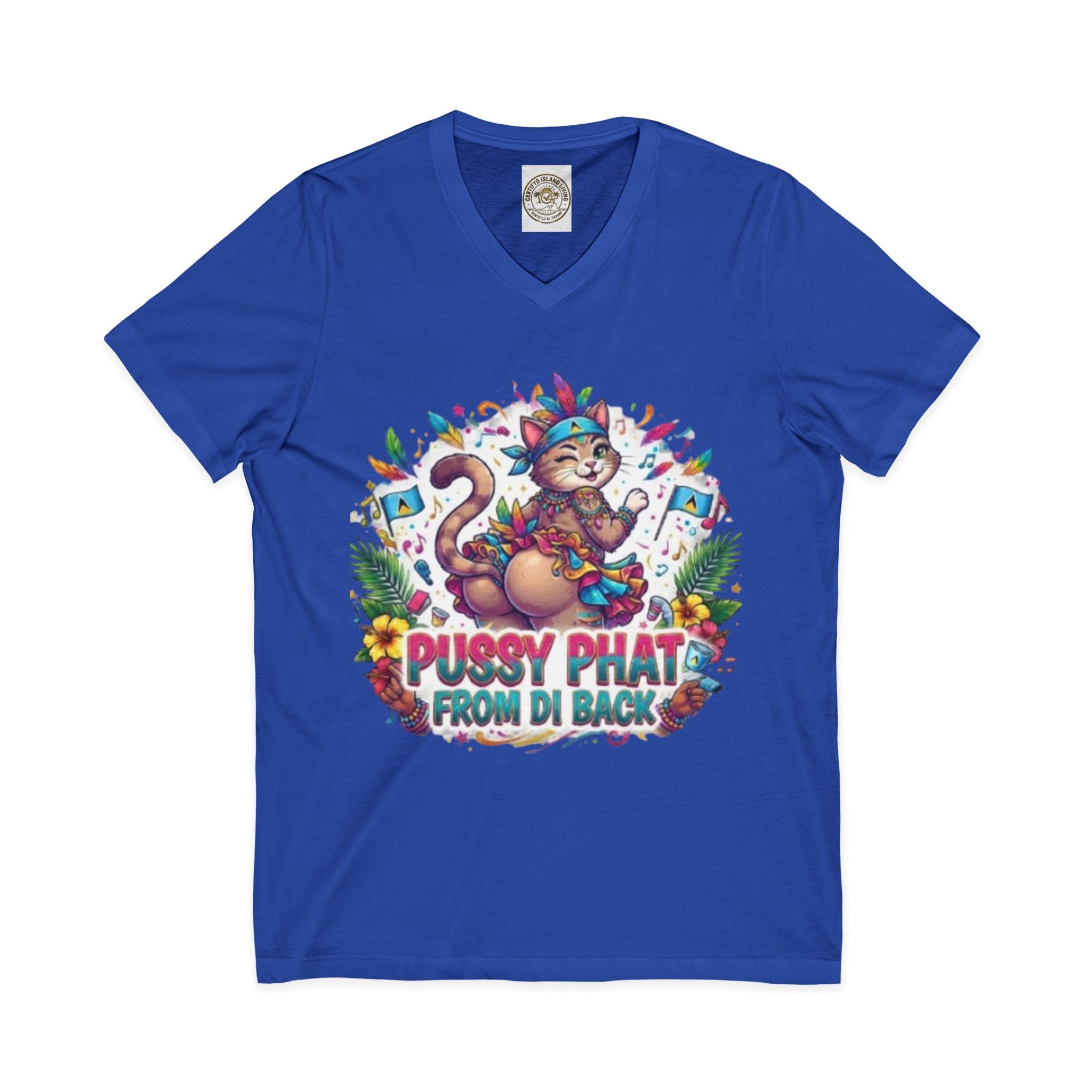 Pussy Phat From Di Back V-Neck Tee — Colorful Carnival Cat Graphic Shirt