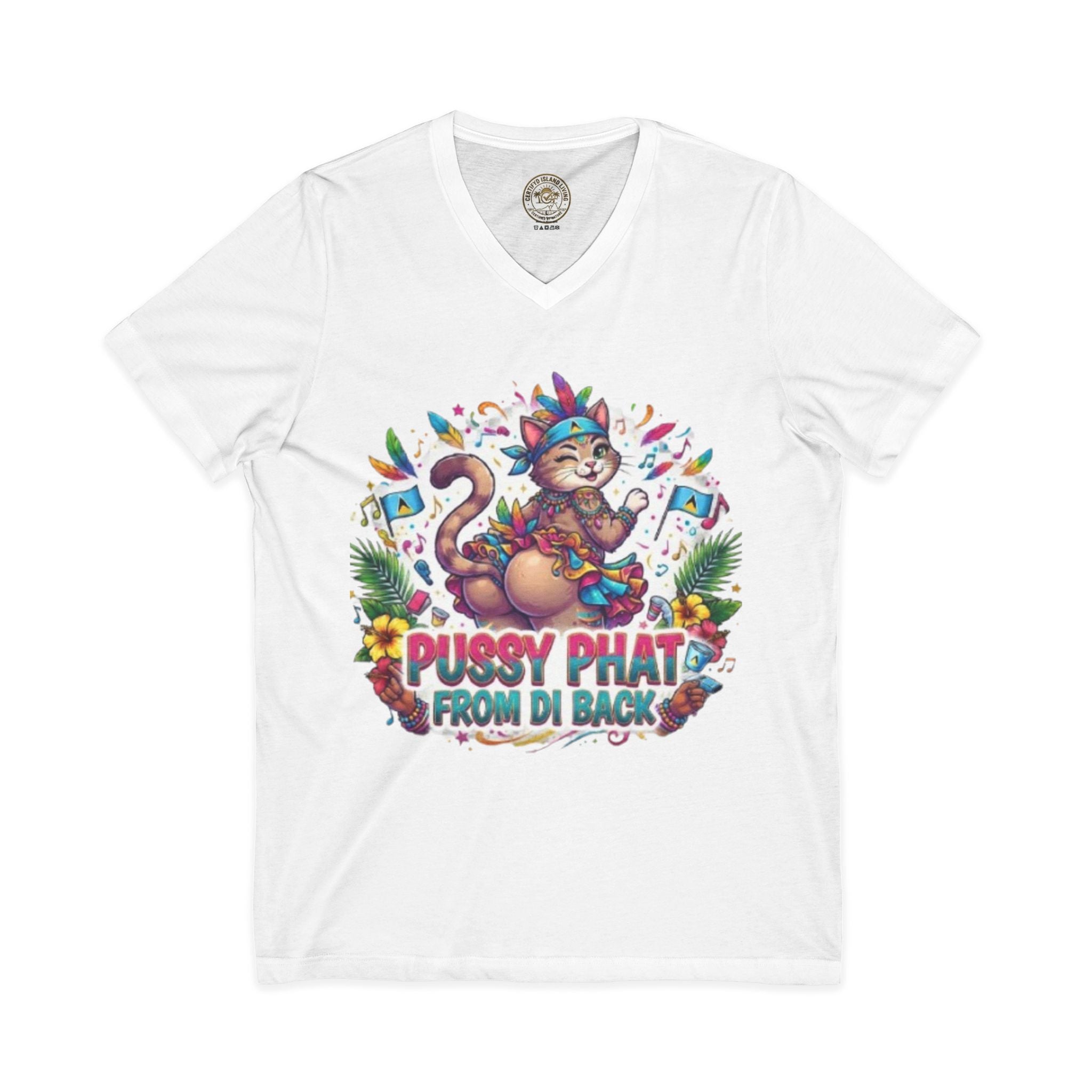 Pussy Phat From Di Back V-Neck Tee — Colorful Carnival Cat Graphic Shirt