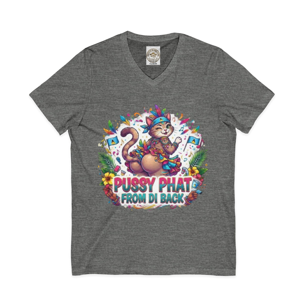 Pussy Phat From Di Back V-Neck Tee — Colorful Carnival Cat Graphic Shirt