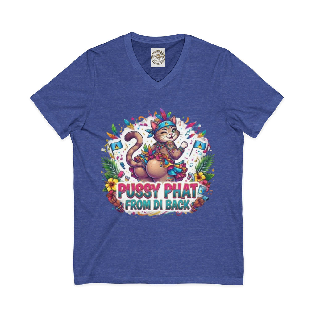 Pussy Phat From Di Back V-Neck Tee — Colorful Carnival Cat Graphic Shirt