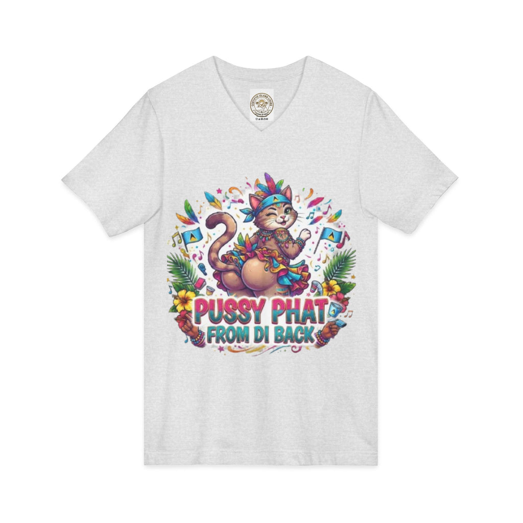 Pussy Phat From Di Back V-Neck Tee — Colorful Carnival Cat Graphic Shirt