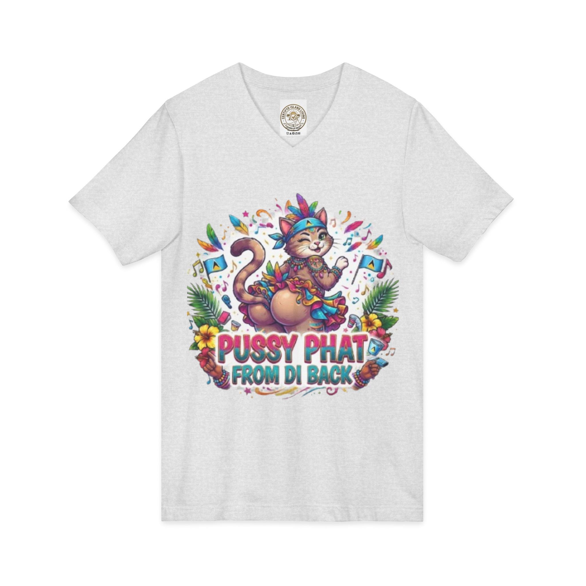 Pussy Phat From Di Back V-Neck Tee — Colorful Carnival Cat Graphic Shirt