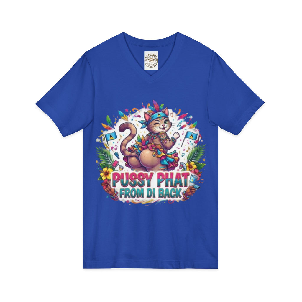 Pussy Phat From Di Back V-Neck Tee — Colorful Carnival Cat Graphic Shirt