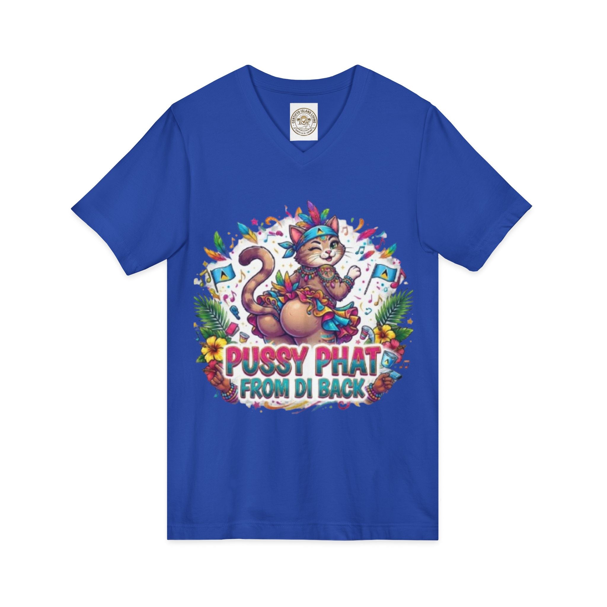 Pussy Phat From Di Back V-Neck Tee — Colorful Carnival Cat Graphic Shirt