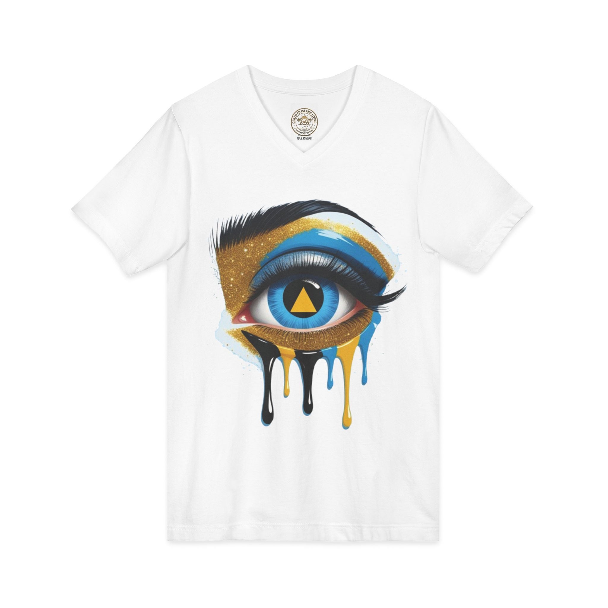 St. Lucia Flag Eye V-Neck Tee — Artistic Caribbean Pride T-Shirt
