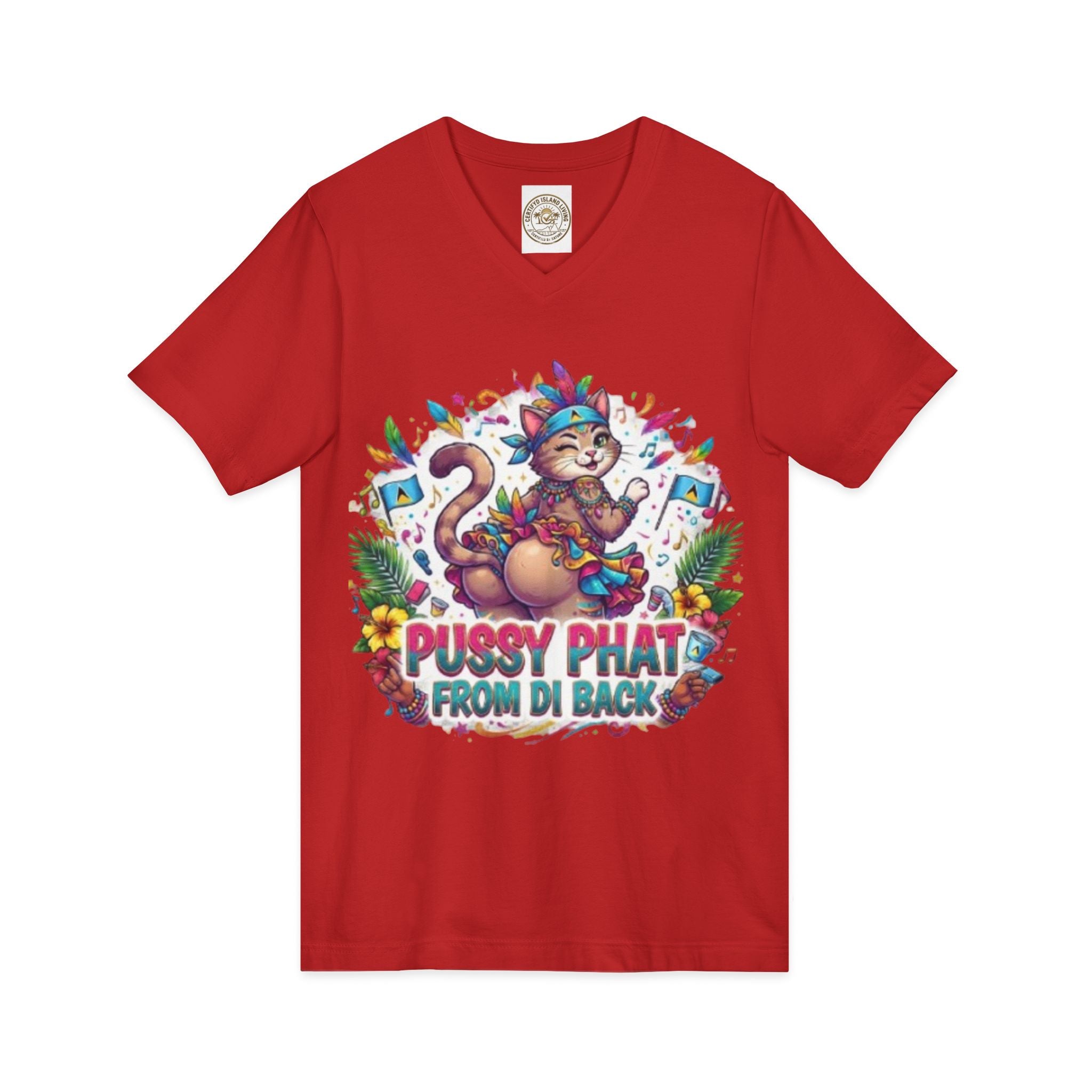 Pussy Phat From Di Back V-Neck Tee — Colorful Carnival Cat Graphic Shirt