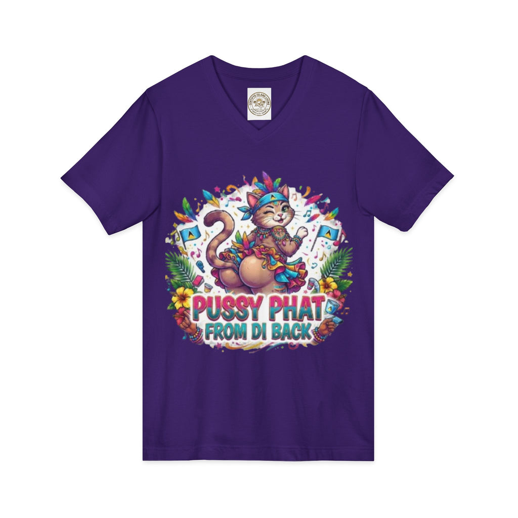 Pussy Phat From Di Back V-Neck Tee — Colorful Carnival Cat Graphic Shirt