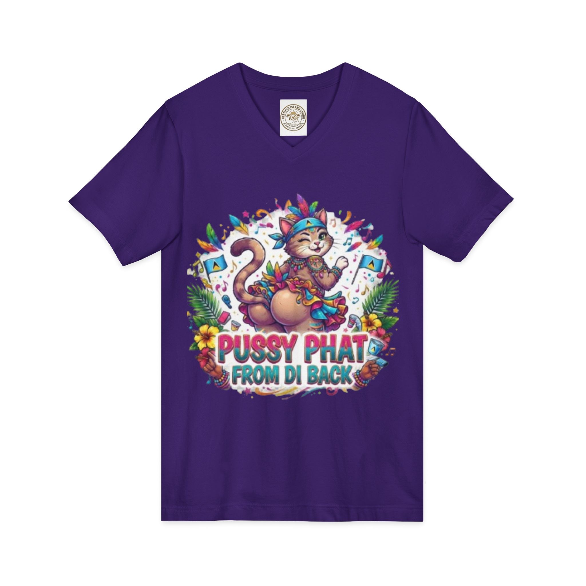 Pussy Phat From Di Back V-Neck Tee — Colorful Carnival Cat Graphic Shirt