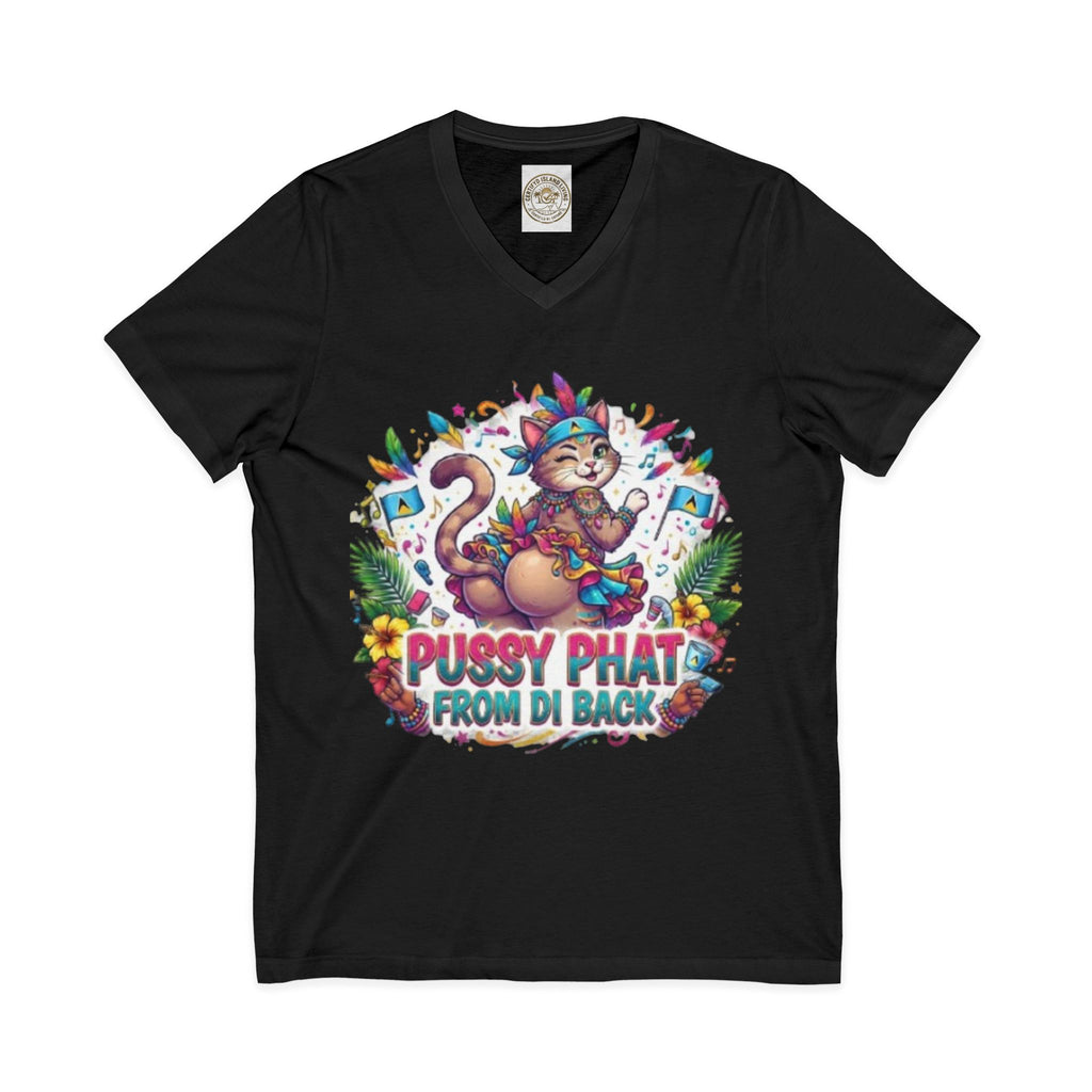 Pussy Phat From Di Back V-Neck Tee — Colorful Carnival Cat Graphic Shirt