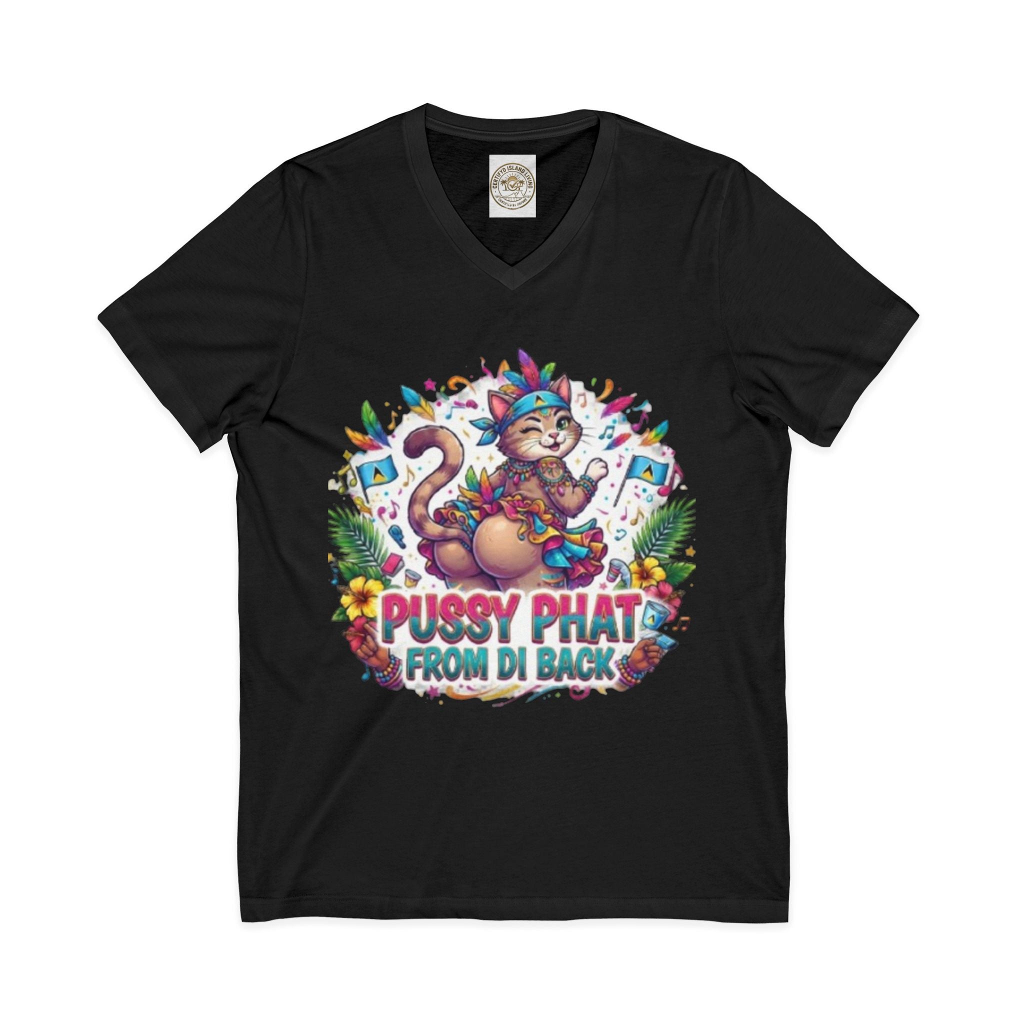 Pussy Phat From Di Back V-Neck Tee — Colorful Carnival Cat Graphic Shirt