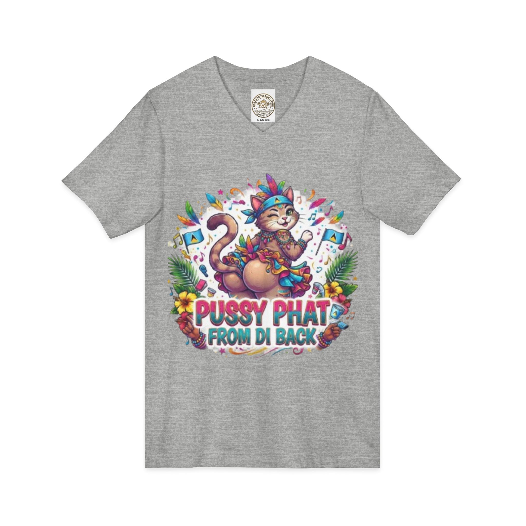 Pussy Phat From Di Back V-Neck Tee — Colorful Carnival Cat Graphic Shirt