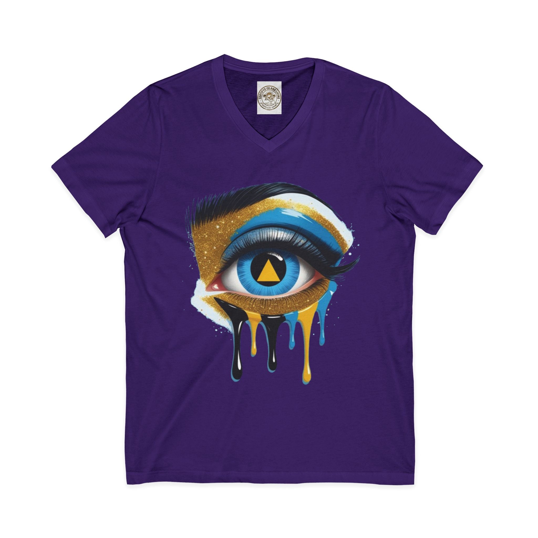 St. Lucia Flag Eye V-Neck Tee — Artistic Caribbean Pride T-Shirt