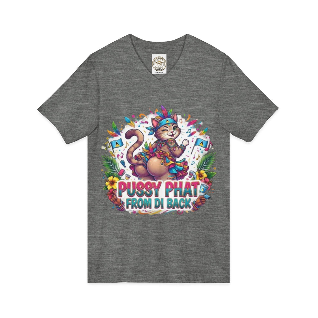 Pussy Phat From Di Back V-Neck Tee — Colorful Carnival Cat Graphic Shirt