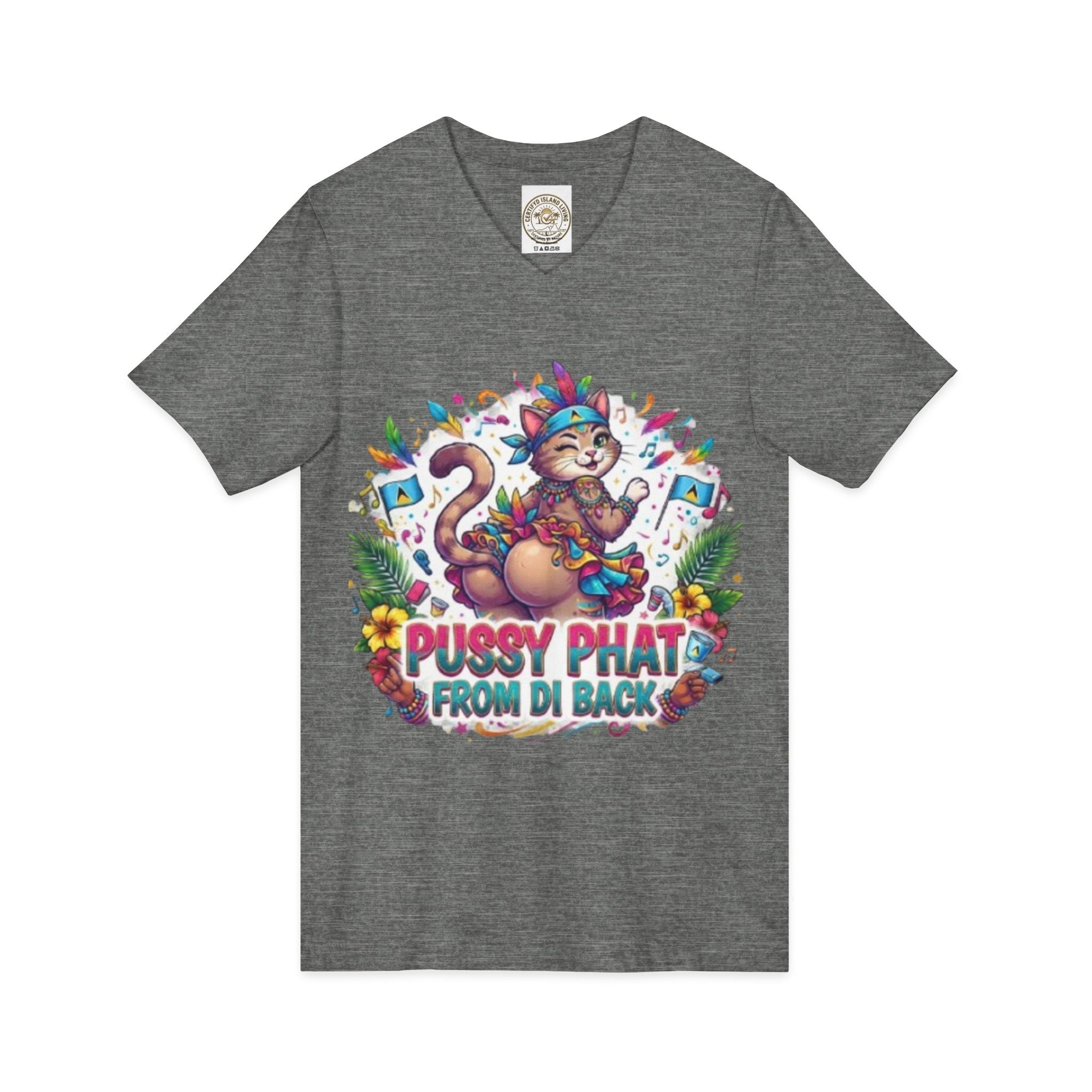 Pussy Phat From Di Back V-Neck Tee — Colorful Carnival Cat Graphic Shirt