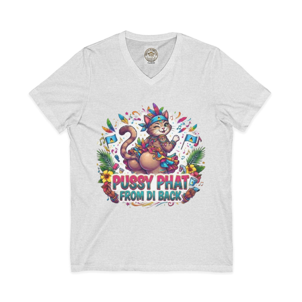 Pussy Phat From Di Back V-Neck Tee — Colorful Carnival Cat Graphic Shirt
