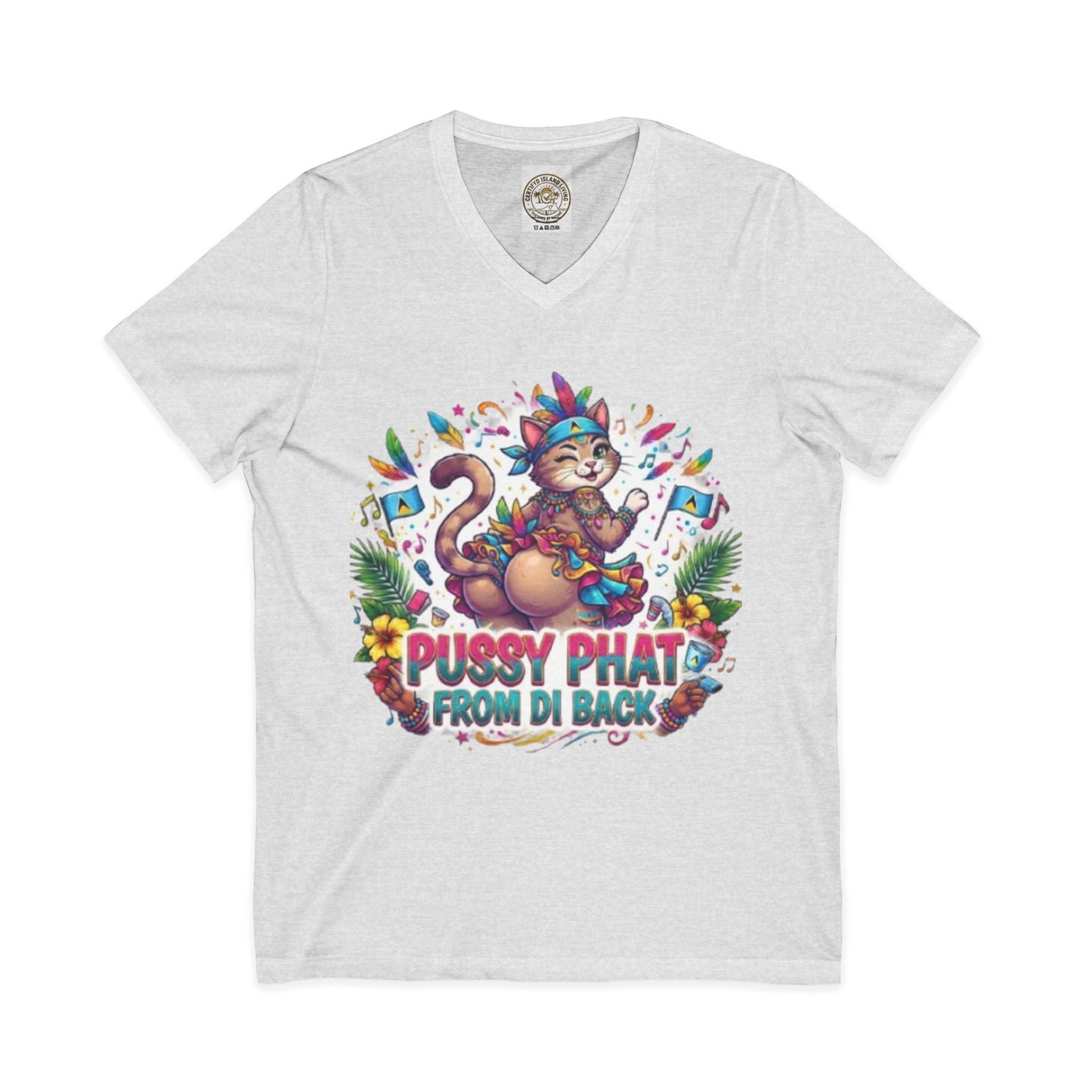 Pussy Phat From Di Back V-Neck Tee — Colorful Carnival Cat Graphic Shirt