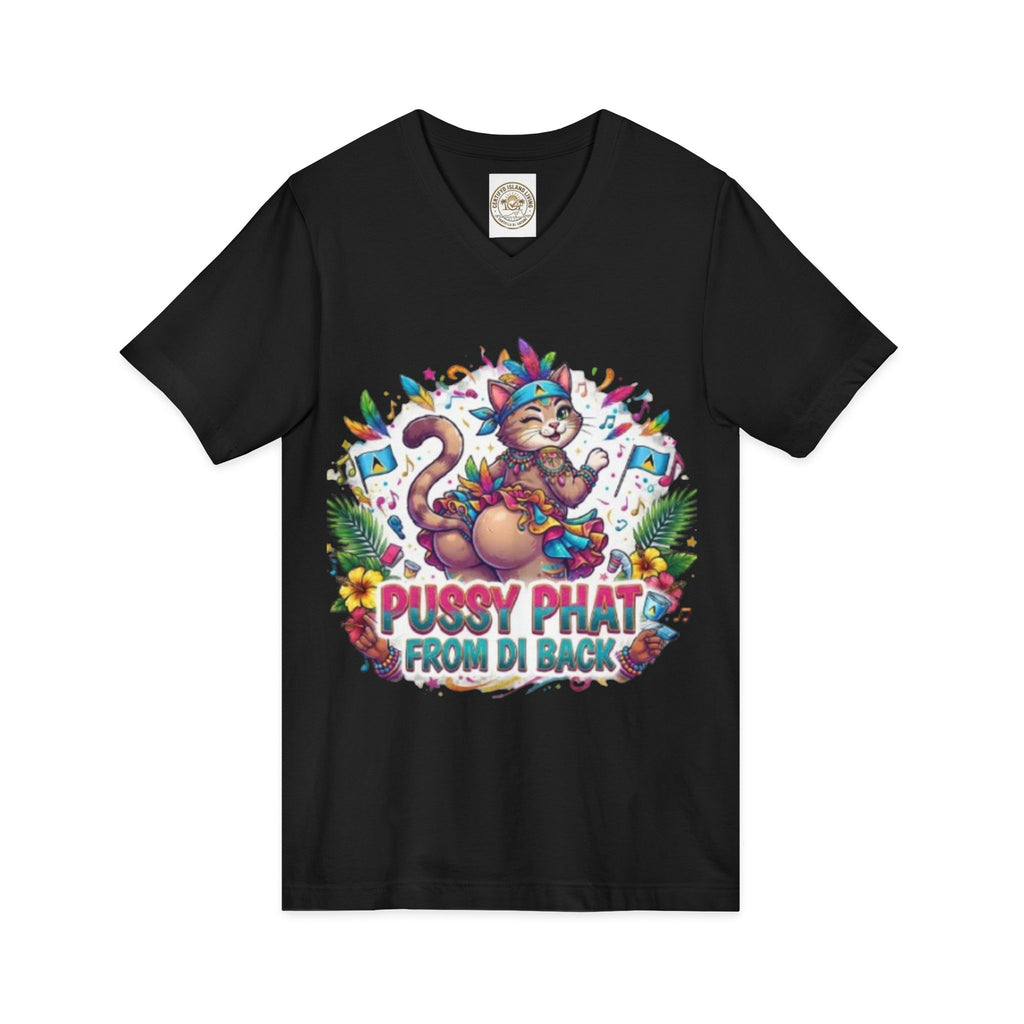 Pussy Phat From Di Back V-Neck Tee — Colorful Carnival Cat Graphic Shirt