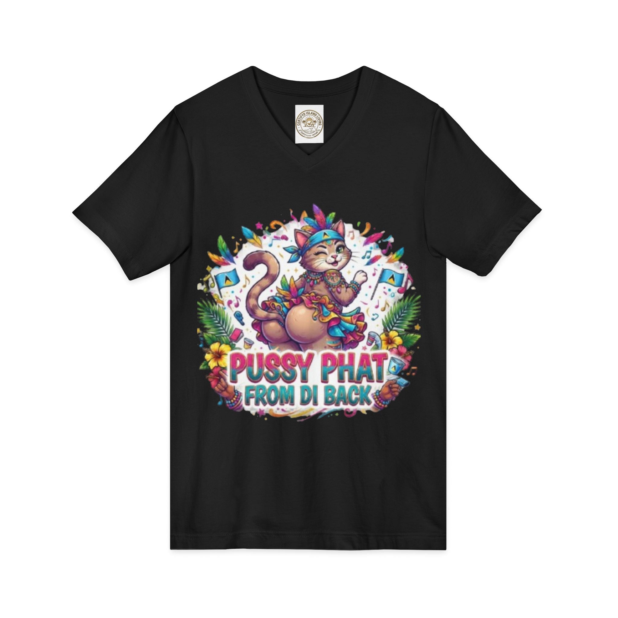 Pussy Phat From Di Back V-Neck Tee — Colorful Carnival Cat Graphic Shirt