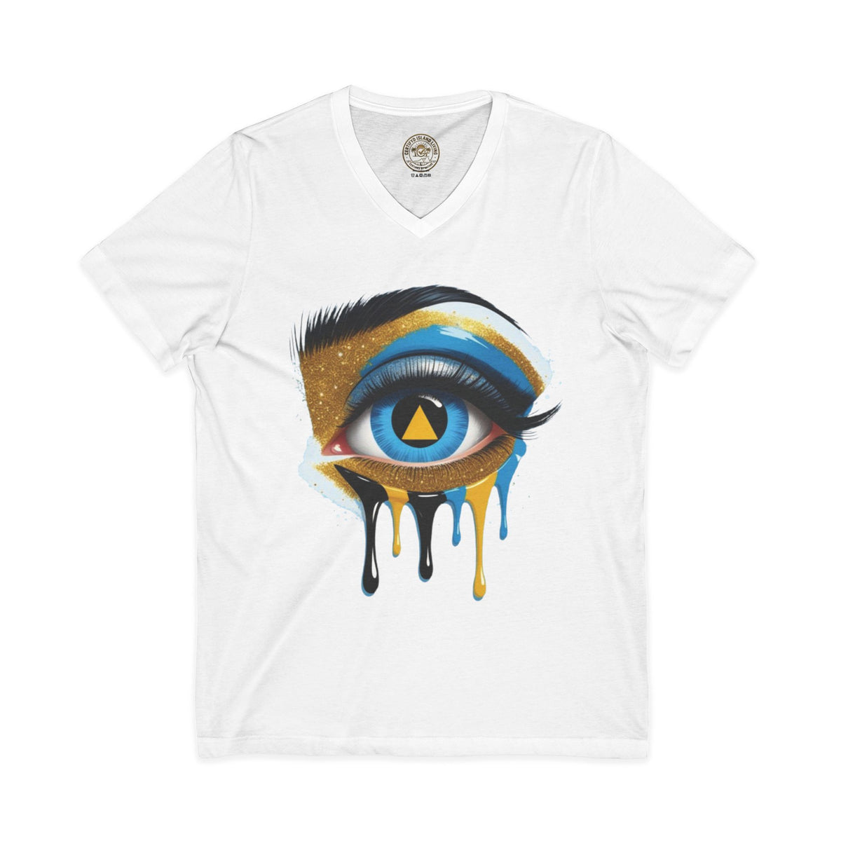 St. Lucia Flag Eye V-Neck Tee — Artistic Caribbean Pride T-Shirt