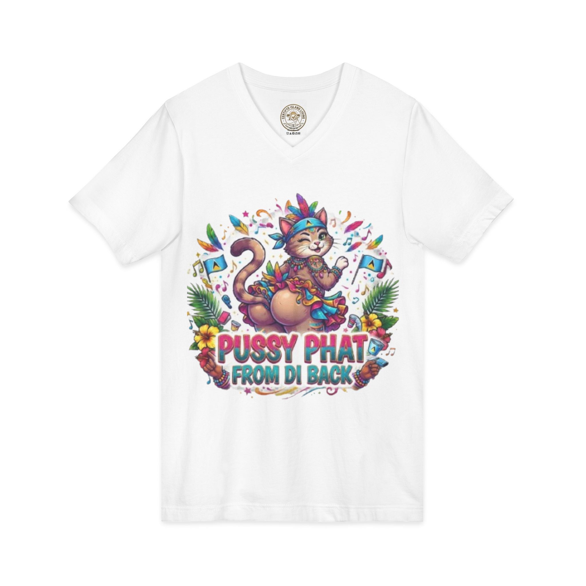 Pussy Phat From Di Back V-Neck Tee — Colorful Carnival Cat Graphic Shirt