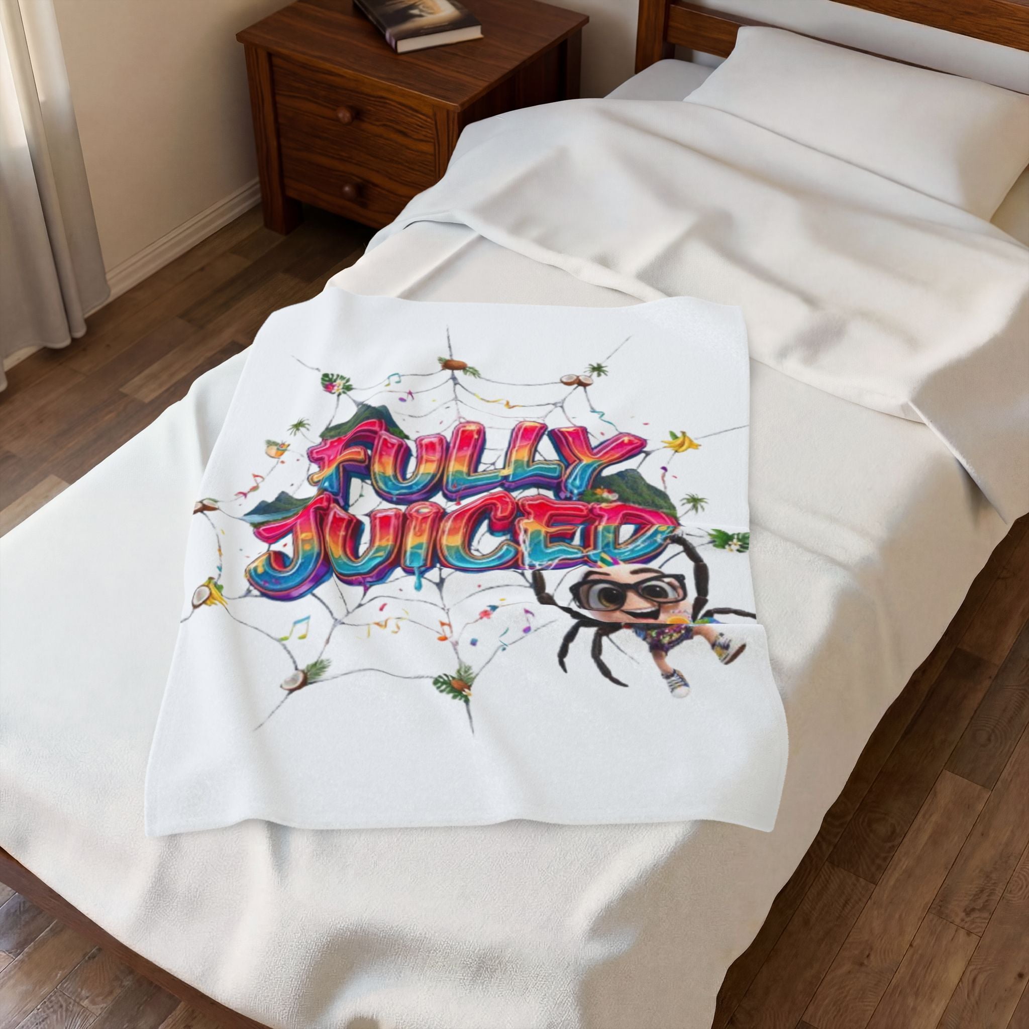 Fully Juiced Plush Blanket — Colorful Cartoon Spider Velveteen Throw