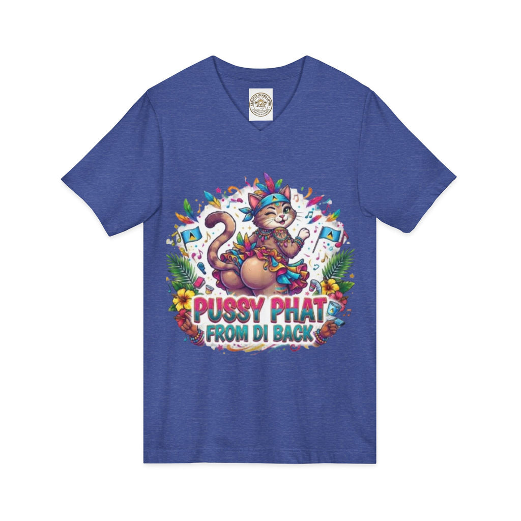 Pussy Phat From Di Back V-Neck Tee — Colorful Carnival Cat Graphic Shirt