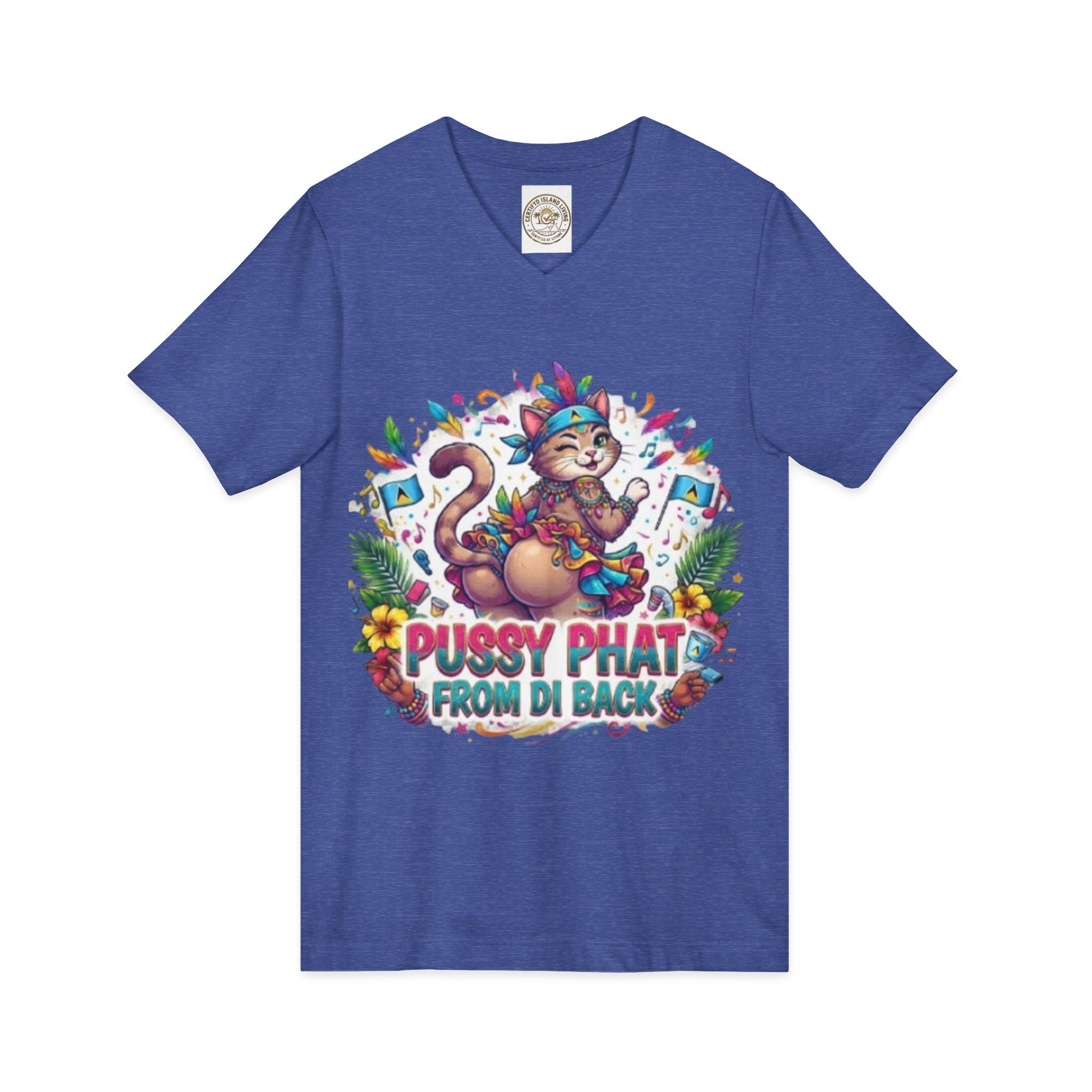 Pussy Phat From Di Back V-Neck Tee — Colorful Carnival Cat Graphic Shirt