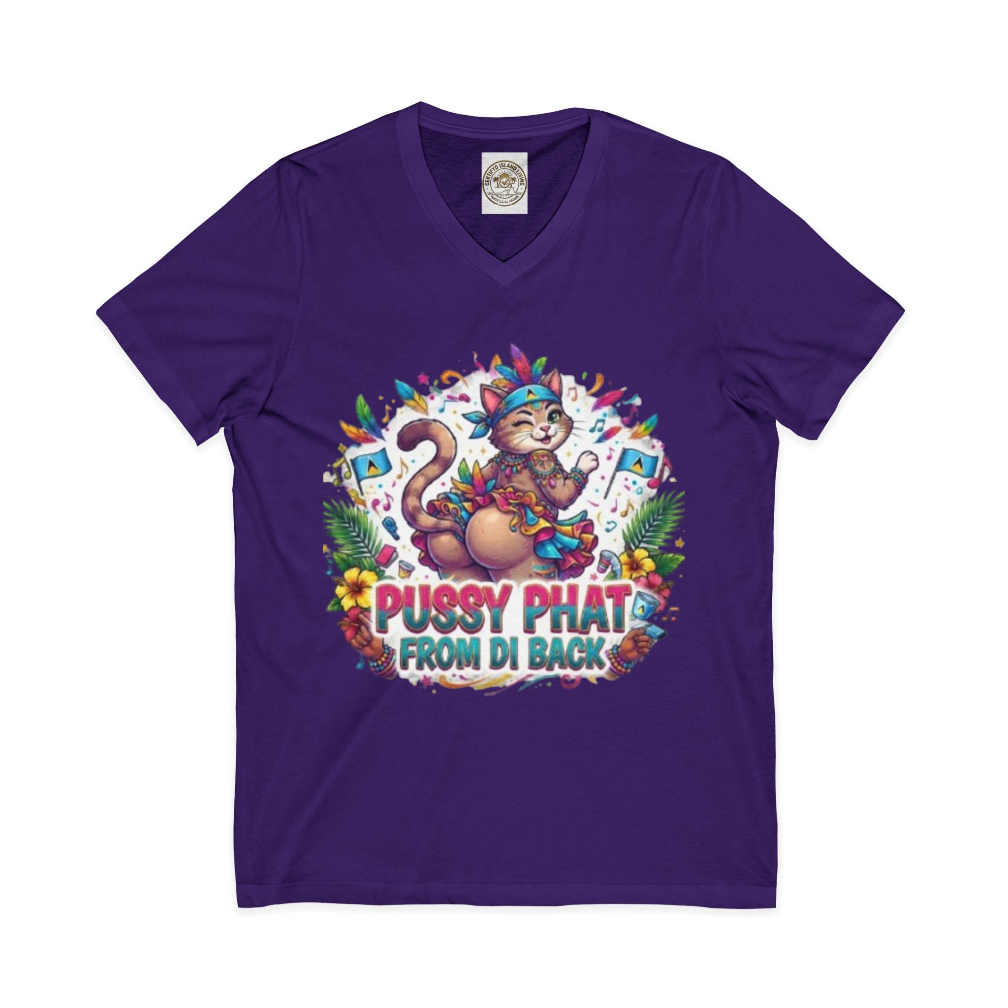 Pussy Phat From Di Back V-Neck Tee — Colorful Carnival Cat Graphic Shirt