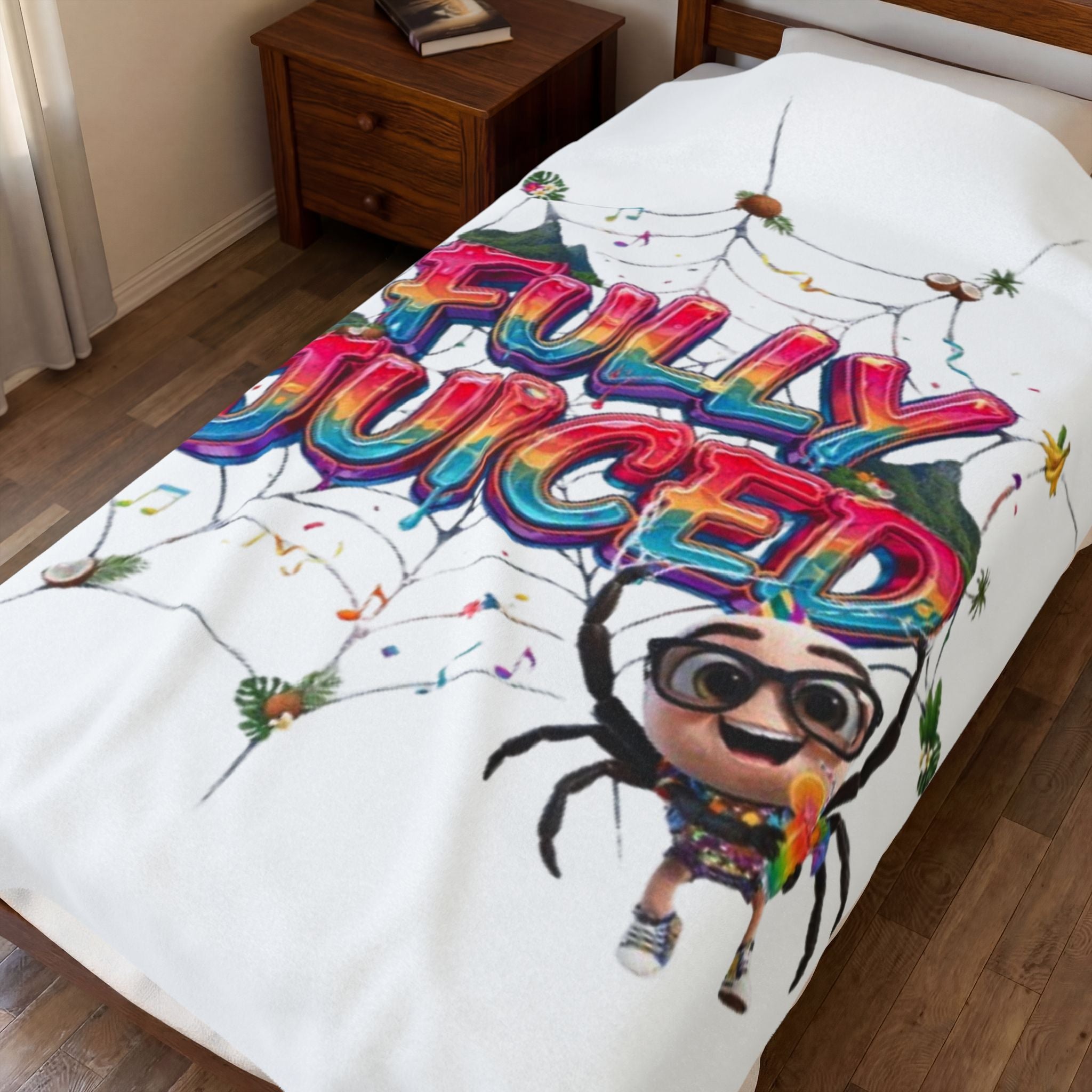 Fully Juiced Plush Blanket — Colorful Cartoon Spider Velveteen Throw