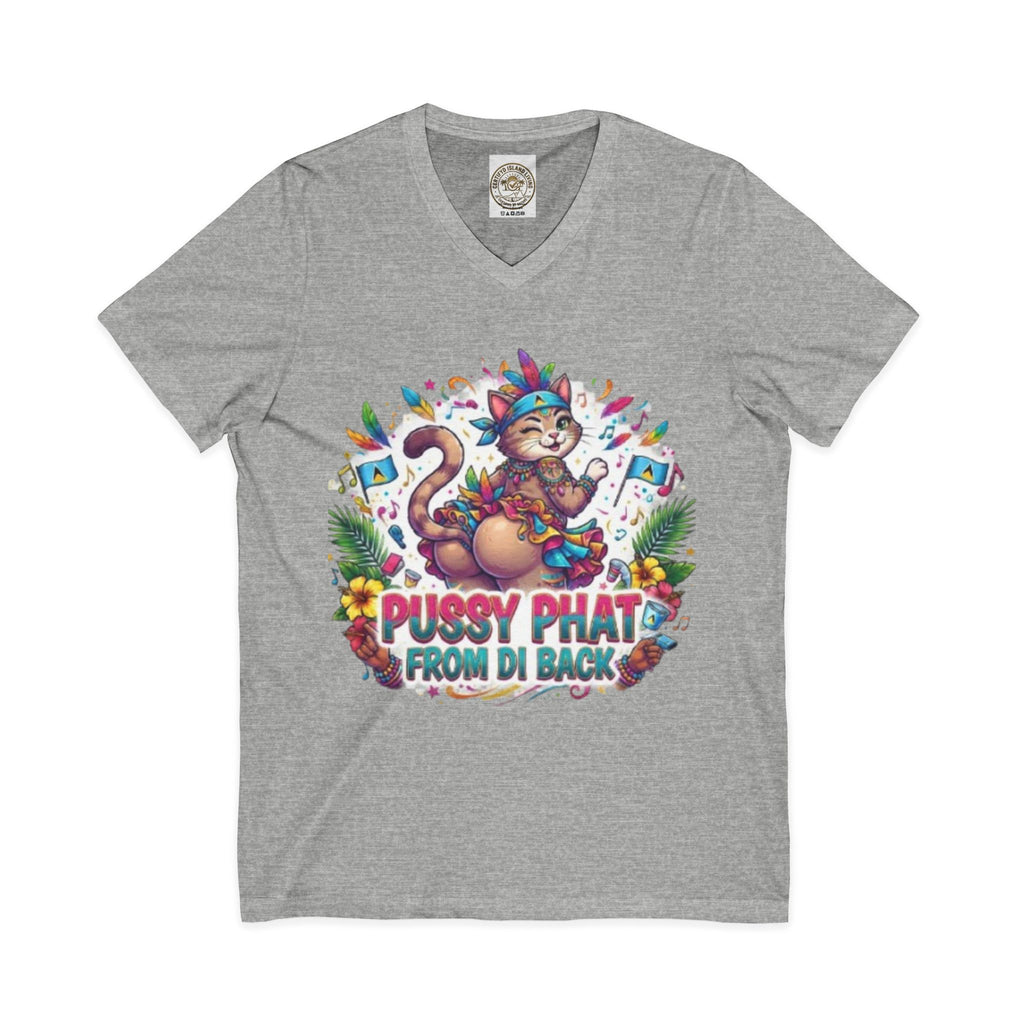 Pussy Phat From Di Back V-Neck Tee — Colorful Carnival Cat Graphic Shirt