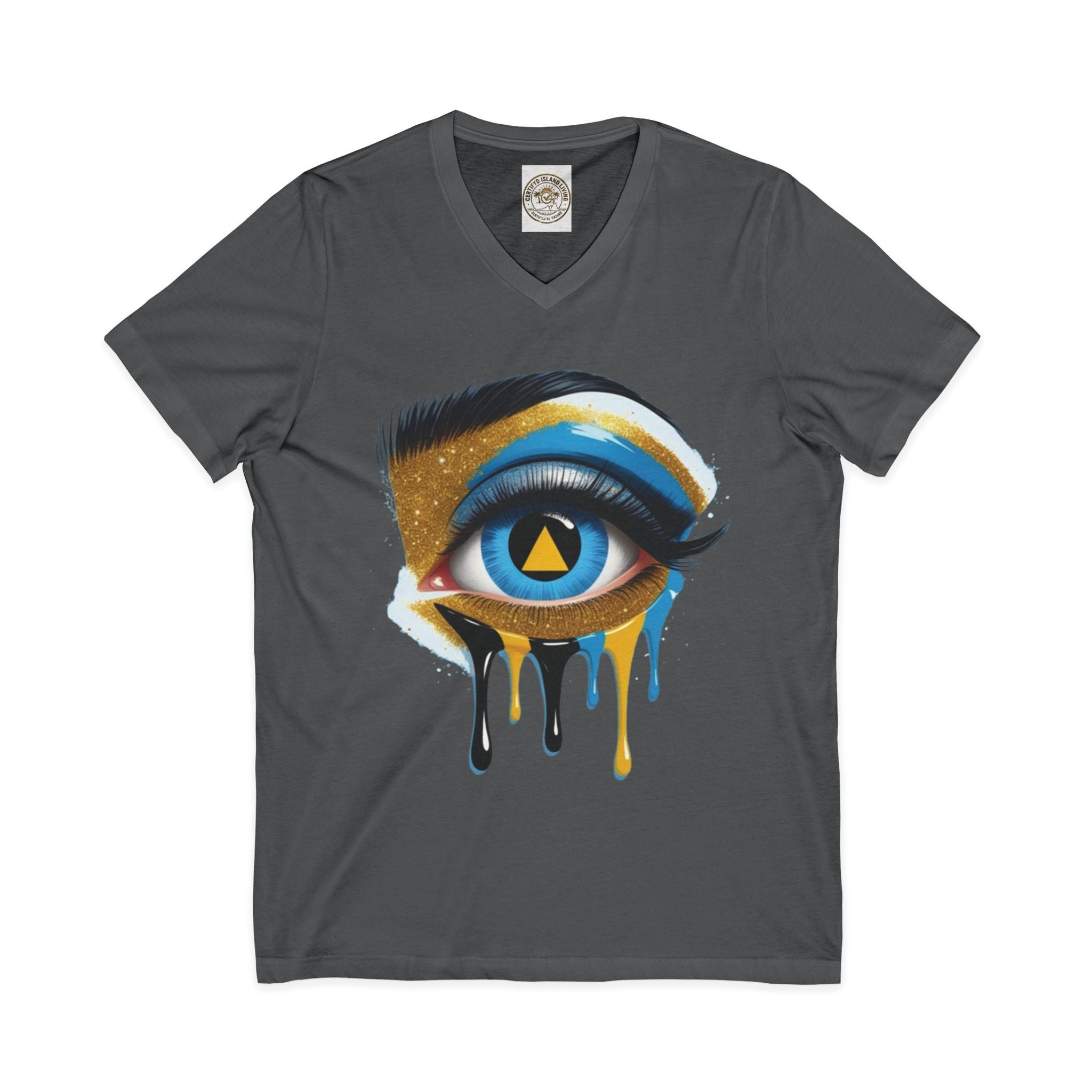 St. Lucia Flag Eye V-Neck Tee — Artistic Caribbean Pride T-Shirt