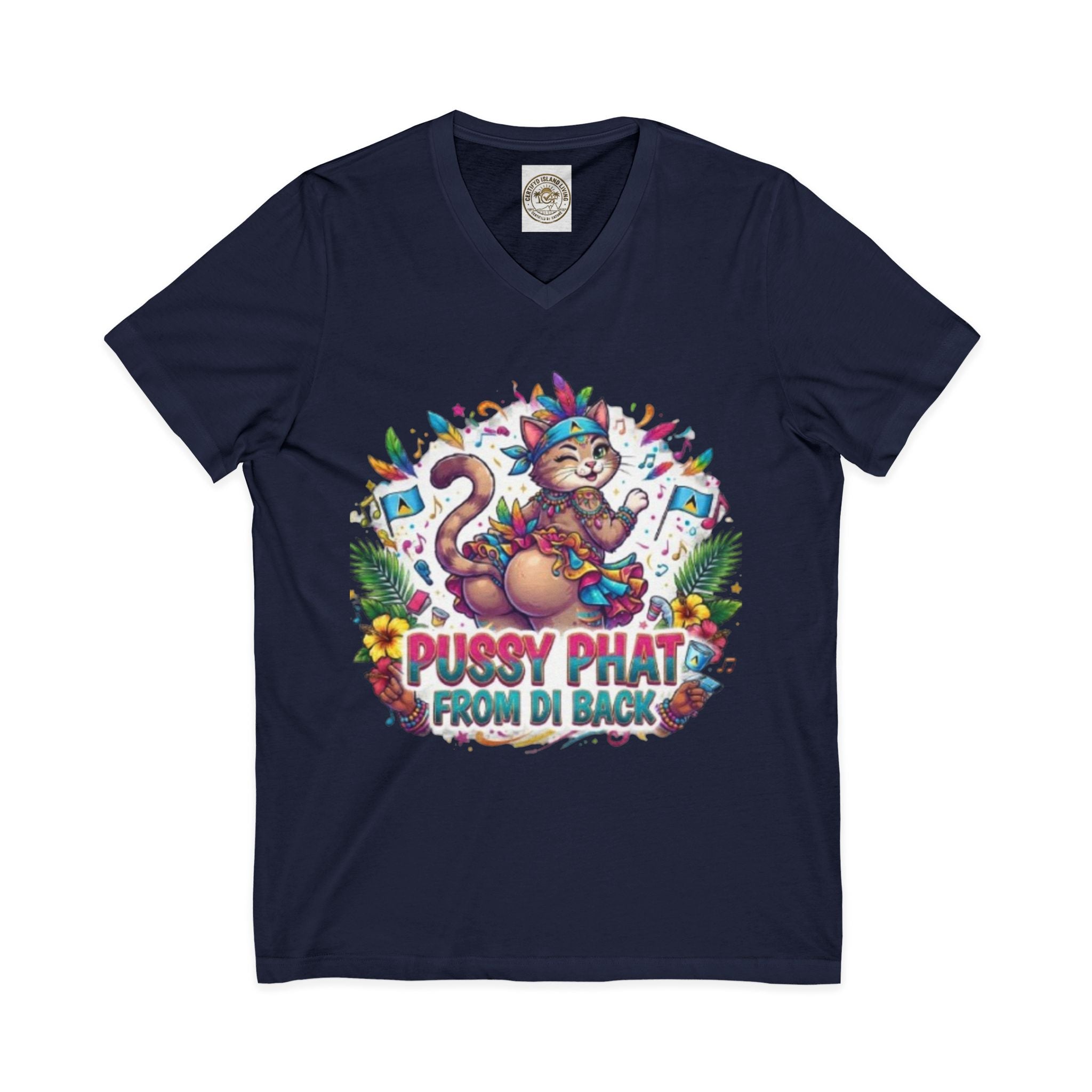 Pussy Phat From Di Back V-Neck Tee — Colorful Carnival Cat Graphic Shirt