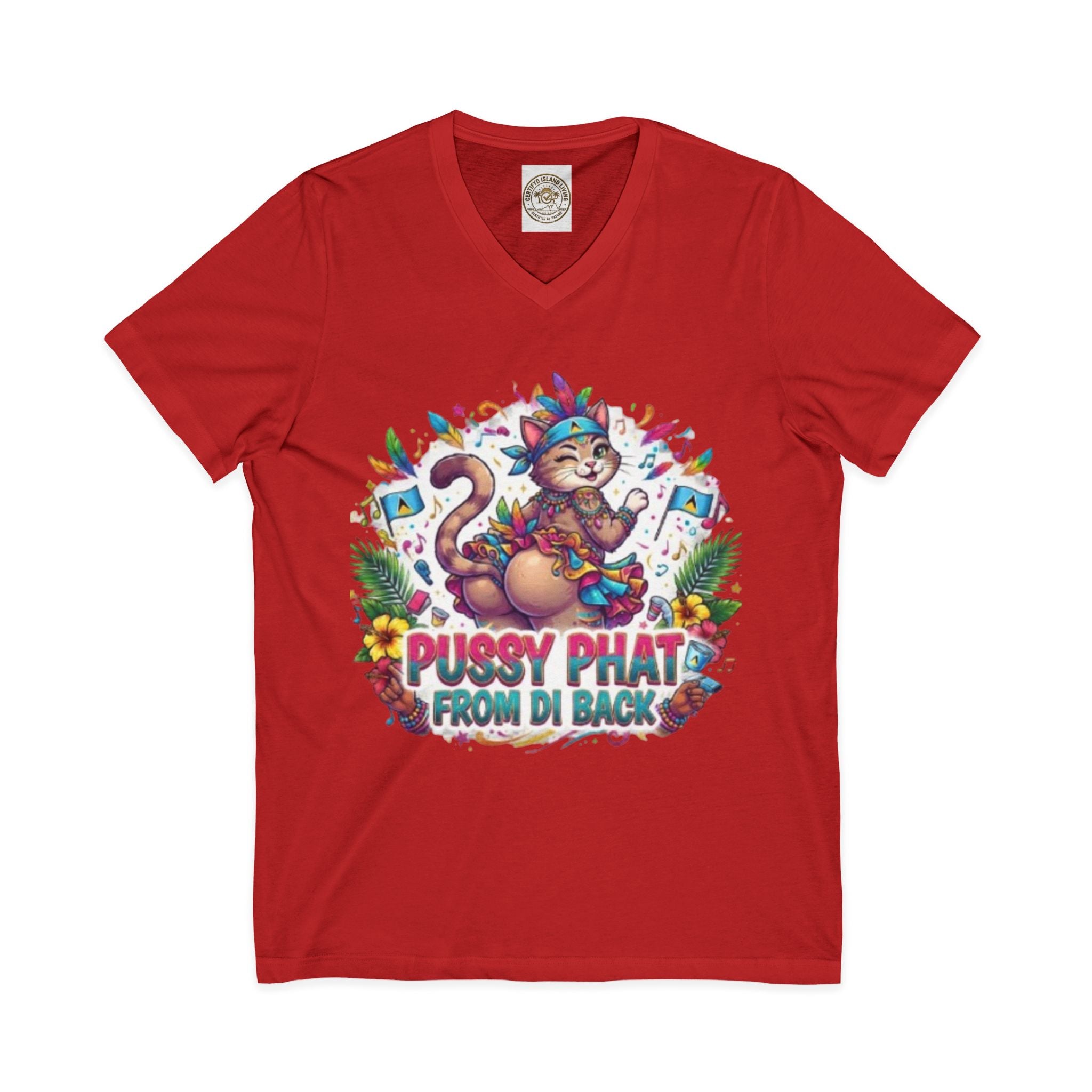 Pussy Phat From Di Back V-Neck Tee — Colorful Carnival Cat Graphic Shirt