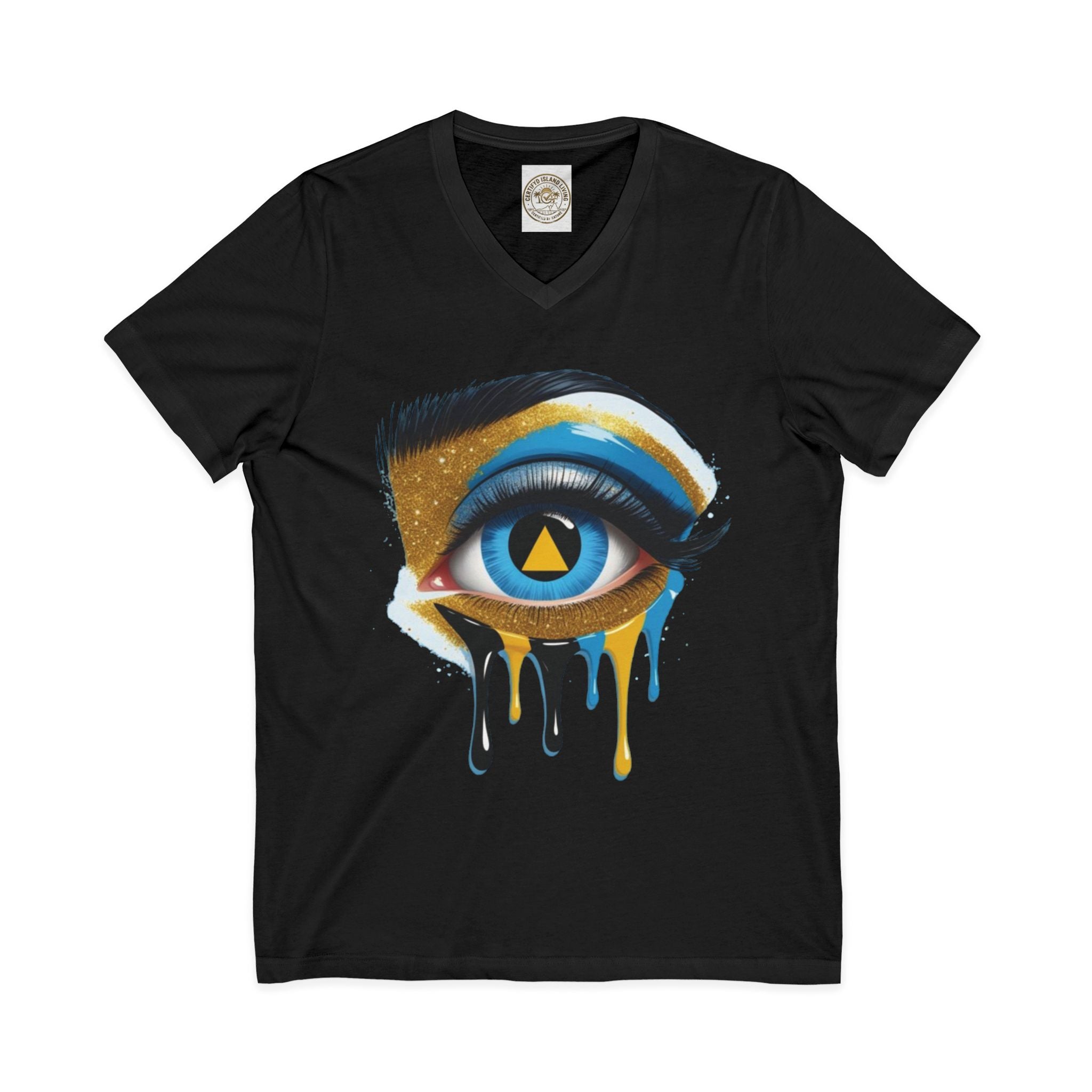 St. Lucia Flag Eye V-Neck Tee — Artistic Caribbean Pride T-Shirt