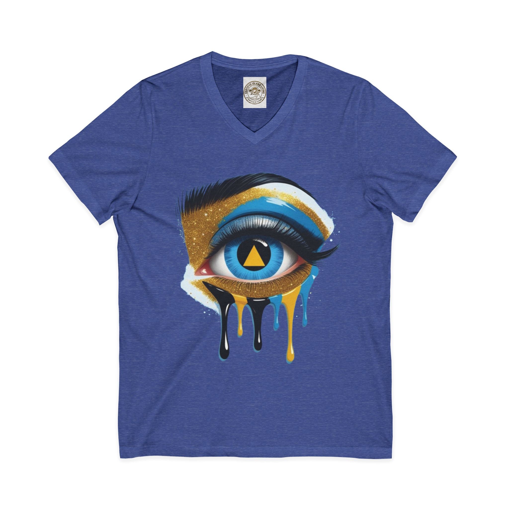 St. Lucia Flag Eye V-Neck Tee — Artistic Caribbean Pride T-Shirt