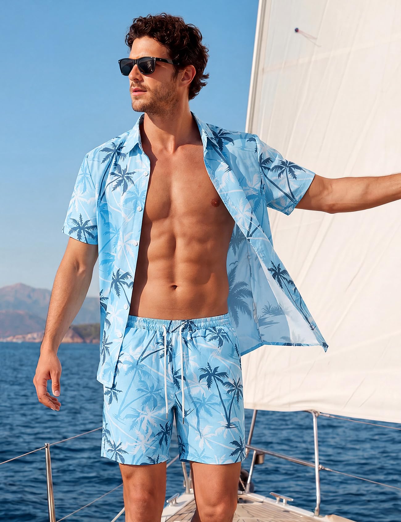 Mens Summer Outfits 2 Piece Tropical Hawaiian Beach Vacation Set | Short Sleeve, Button Down Shirts, Elastic Waist Shorts, Cruises Holiday Set