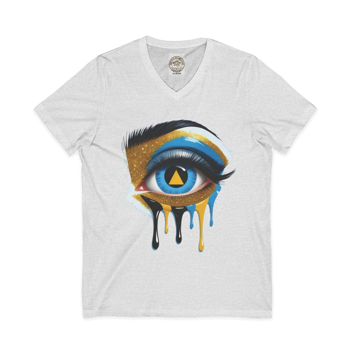 St. Lucia Flag Eye V-Neck Tee — Artistic Caribbean Pride T-Shirt