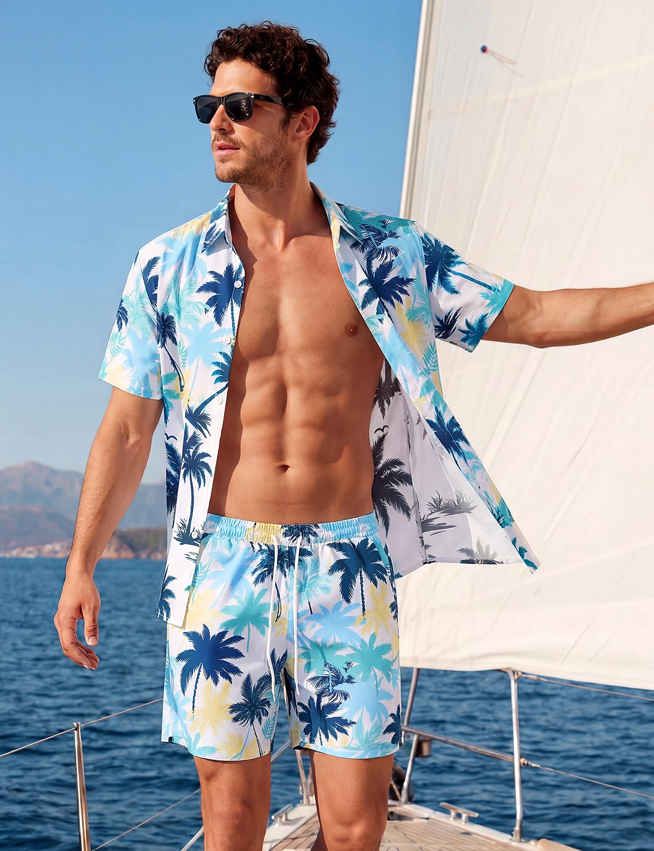 Mens Summer Outfits 2 Piece Tropical Hawaiian Beach Vacation Set | Short Sleeve, Button Down Shirts, Elastic Waist Shorts, Cruises Holiday Set