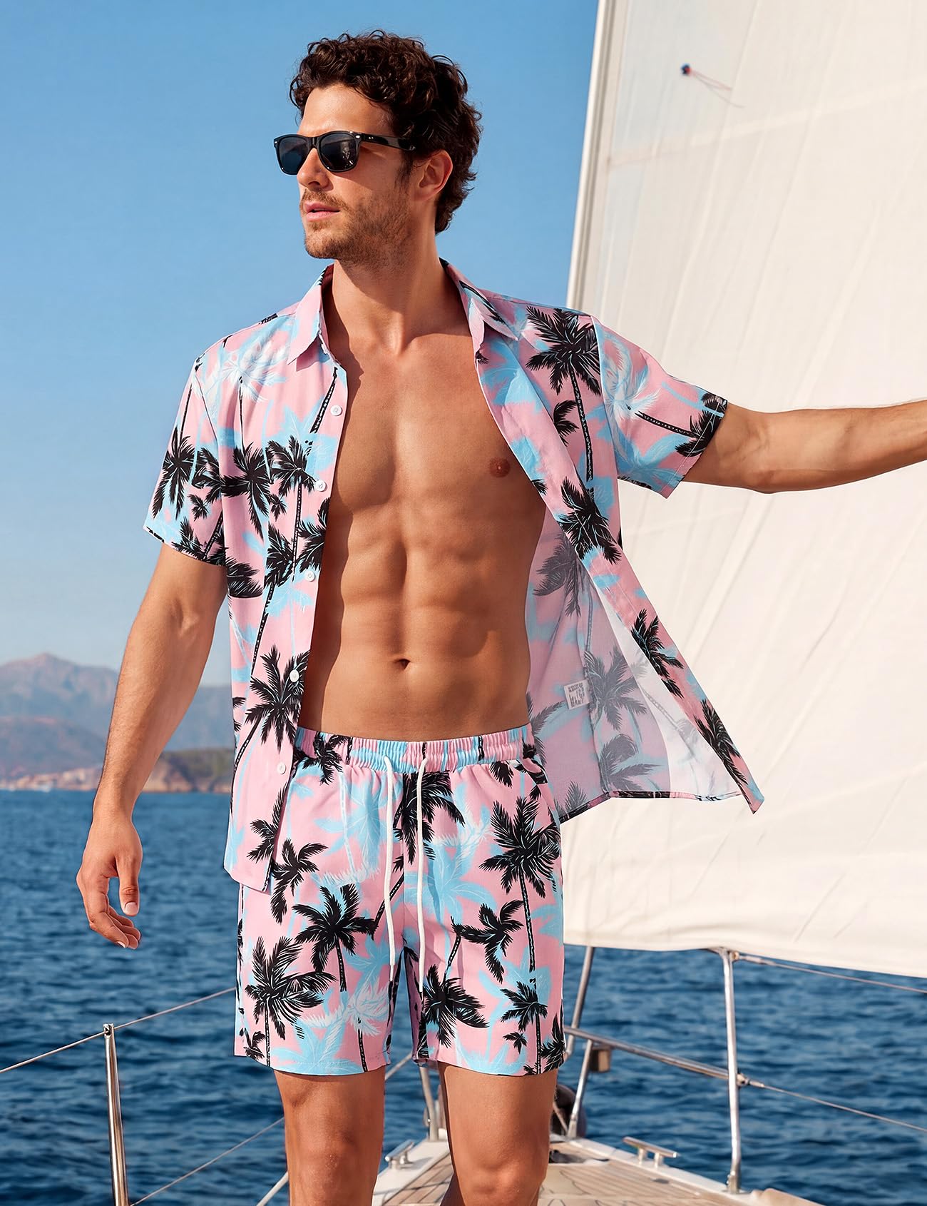 Mens Summer Outfits 2 Piece Tropical Hawaiian Beach Vacation Set | Short Sleeve, Button Down Shirts, Elastic Waist Shorts, Cruises Holiday Set