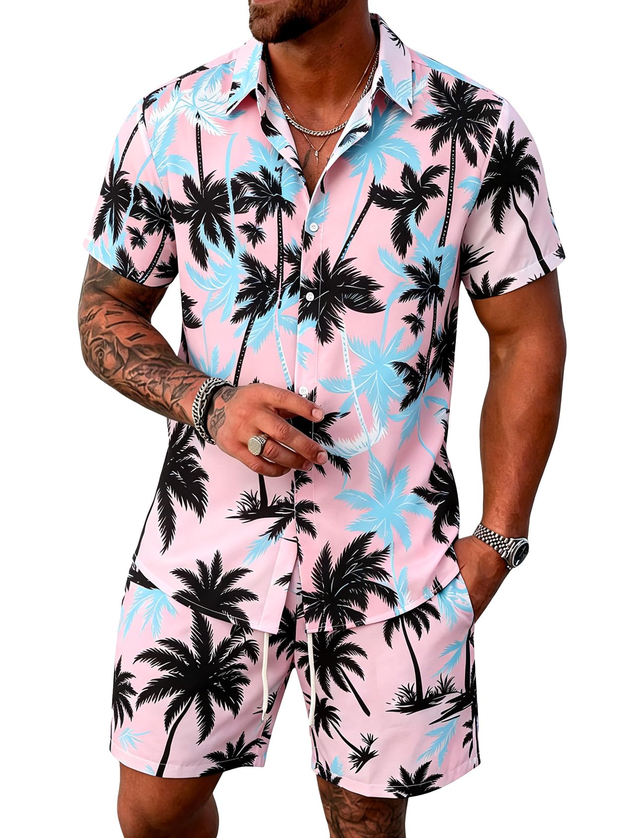 Mens Summer Outfits 2 Piece Tropical Hawaiian Beach Vacation Set | Short Sleeve, Button Down Shirts, Elastic Waist Shorts, Cruises Holiday Set