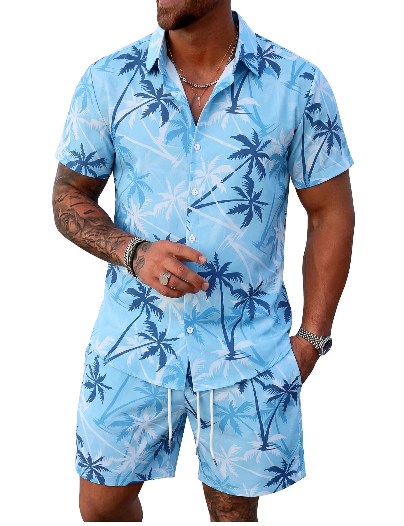 Mens Summer Outfits 2 Piece Tropical Hawaiian Beach Vacation Set | Short Sleeve, Button Down Shirts, Elastic Waist Shorts, Cruises Holiday Set