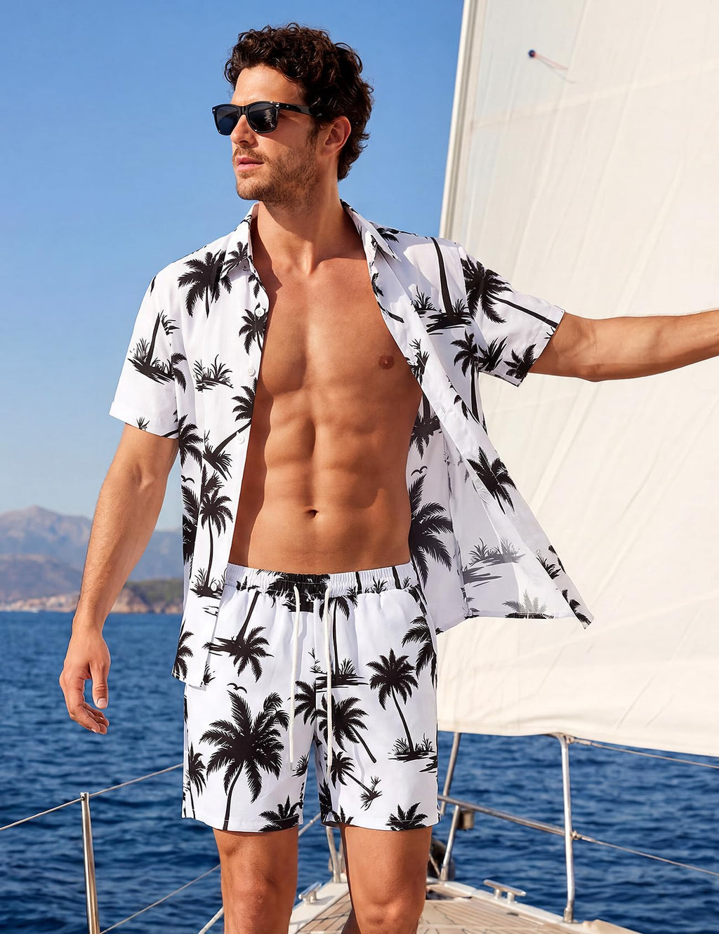 Mens Summer Outfits 2 Piece Tropical Hawaiian Beach Vacation Set | Short Sleeve, Button Down Shirts, Elastic Waist Shorts, Cruises Holiday Set