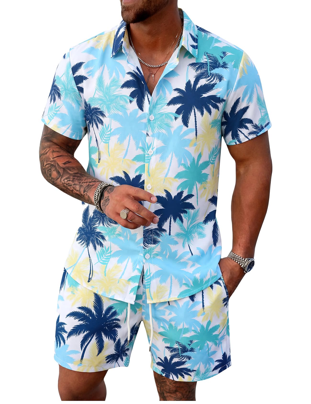 Mens Summer Outfits 2 Piece Tropical Hawaiian Beach Vacation Set | Short Sleeve, Button Down Shirts, Elastic Waist Shorts, Cruises Holiday Set