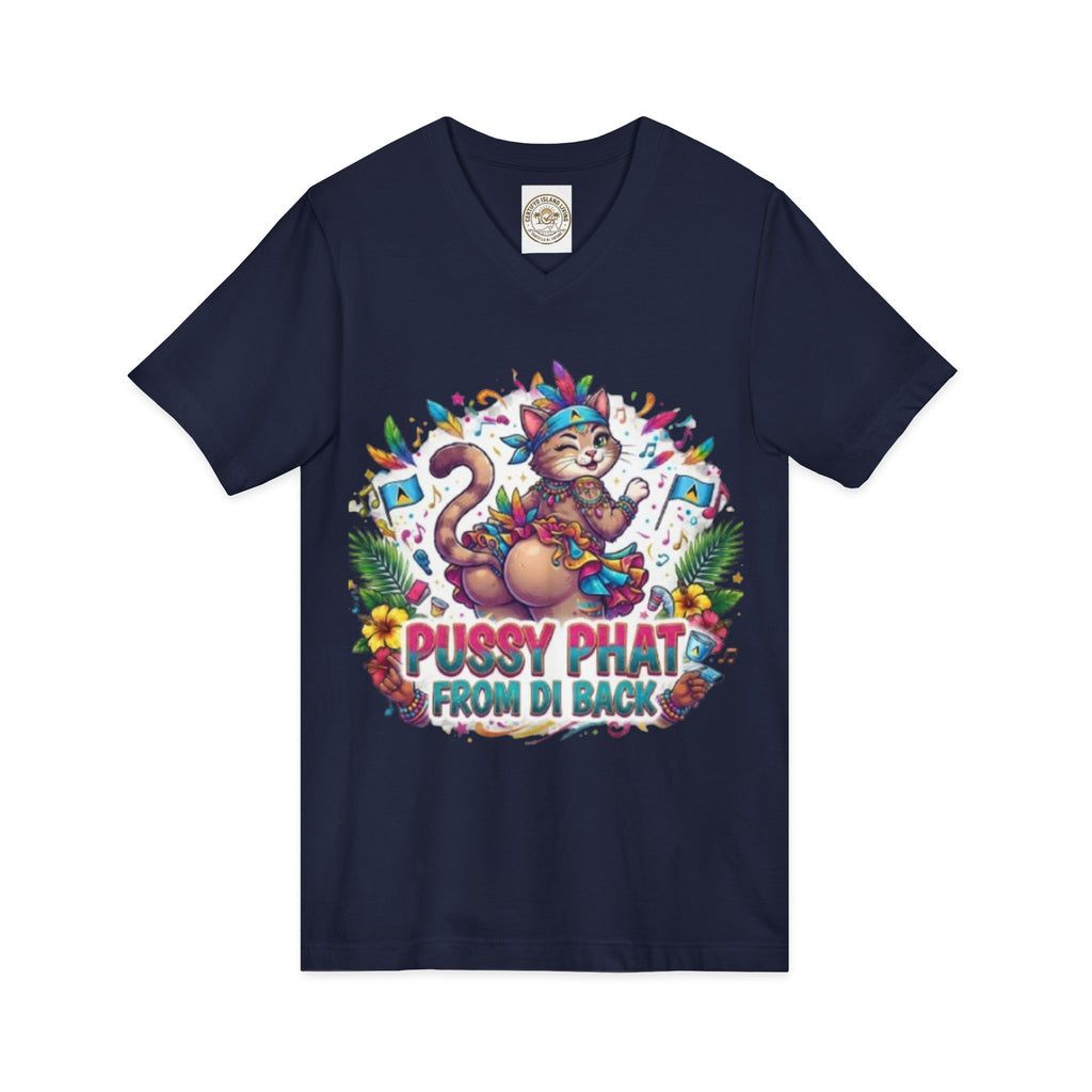 Pussy Phat From Di Back V-Neck Tee — Colorful Carnival Cat Graphic Shirt