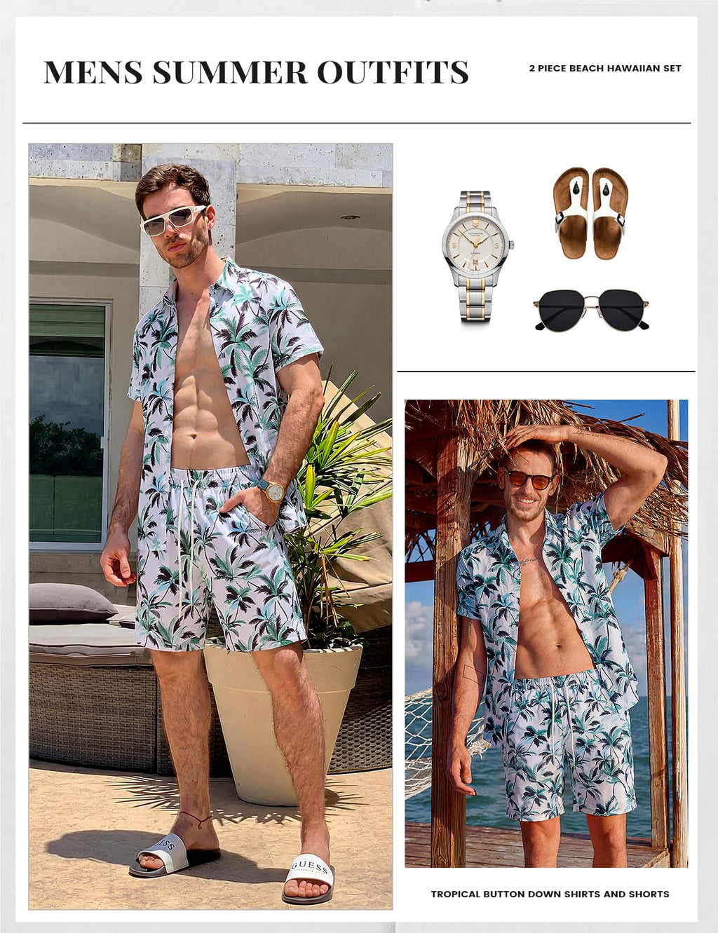 Mens Summer Outfits 2 Piece Tropical Hawaiian Beach Vacation Set | Short Sleeve, Button Down Shirts, Elastic Waist Shorts, Cruises Holiday Set