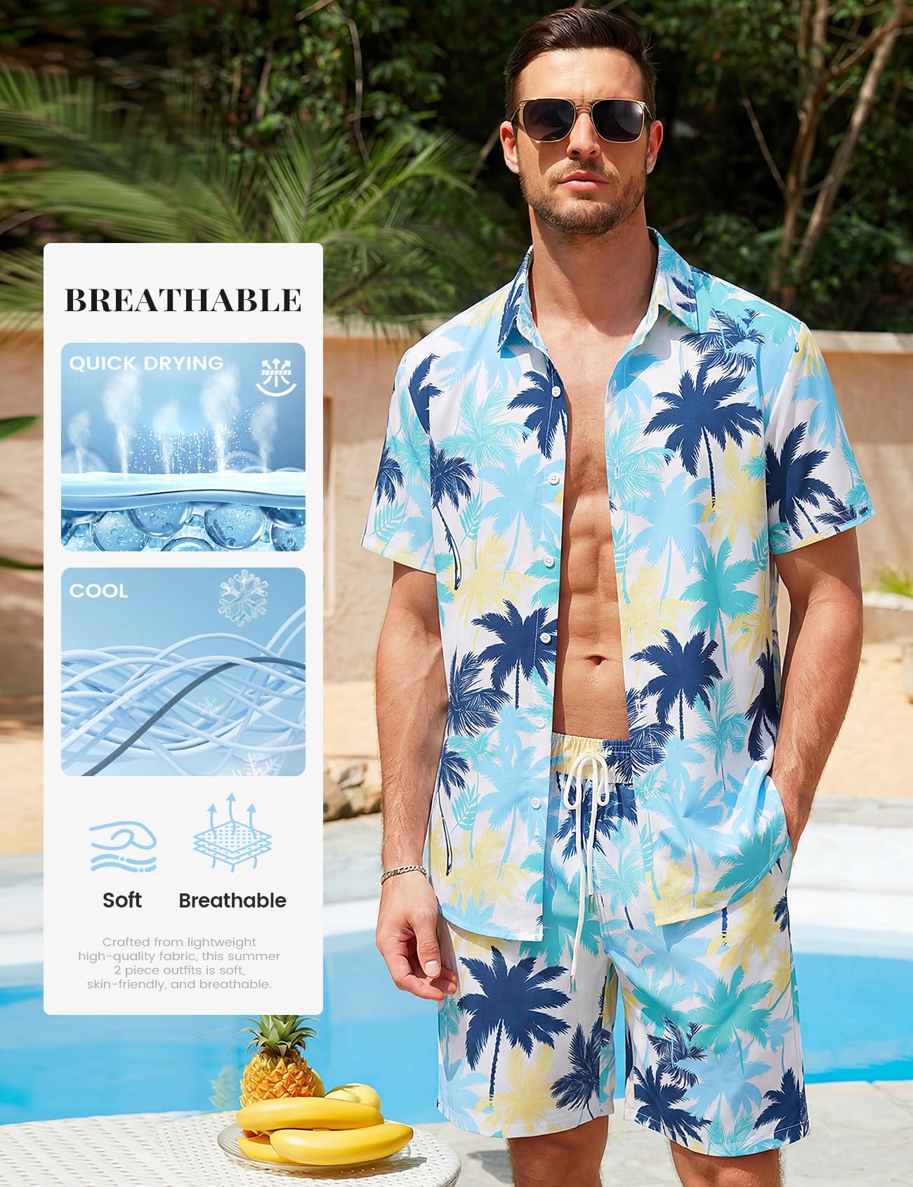 Mens Summer Outfits 2 Piece Tropical Hawaiian Beach Vacation Set | Short Sleeve, Button Down Shirts, Elastic Waist Shorts, Cruises Holiday Set