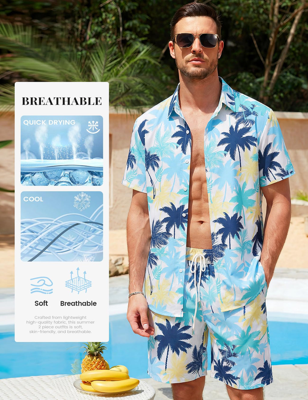 Mens Summer Outfits 2 Piece Tropical Hawaiian Beach Vacation Set | Short Sleeve, Button Down Shirts, Elastic Waist Shorts, Cruises Holiday Set
