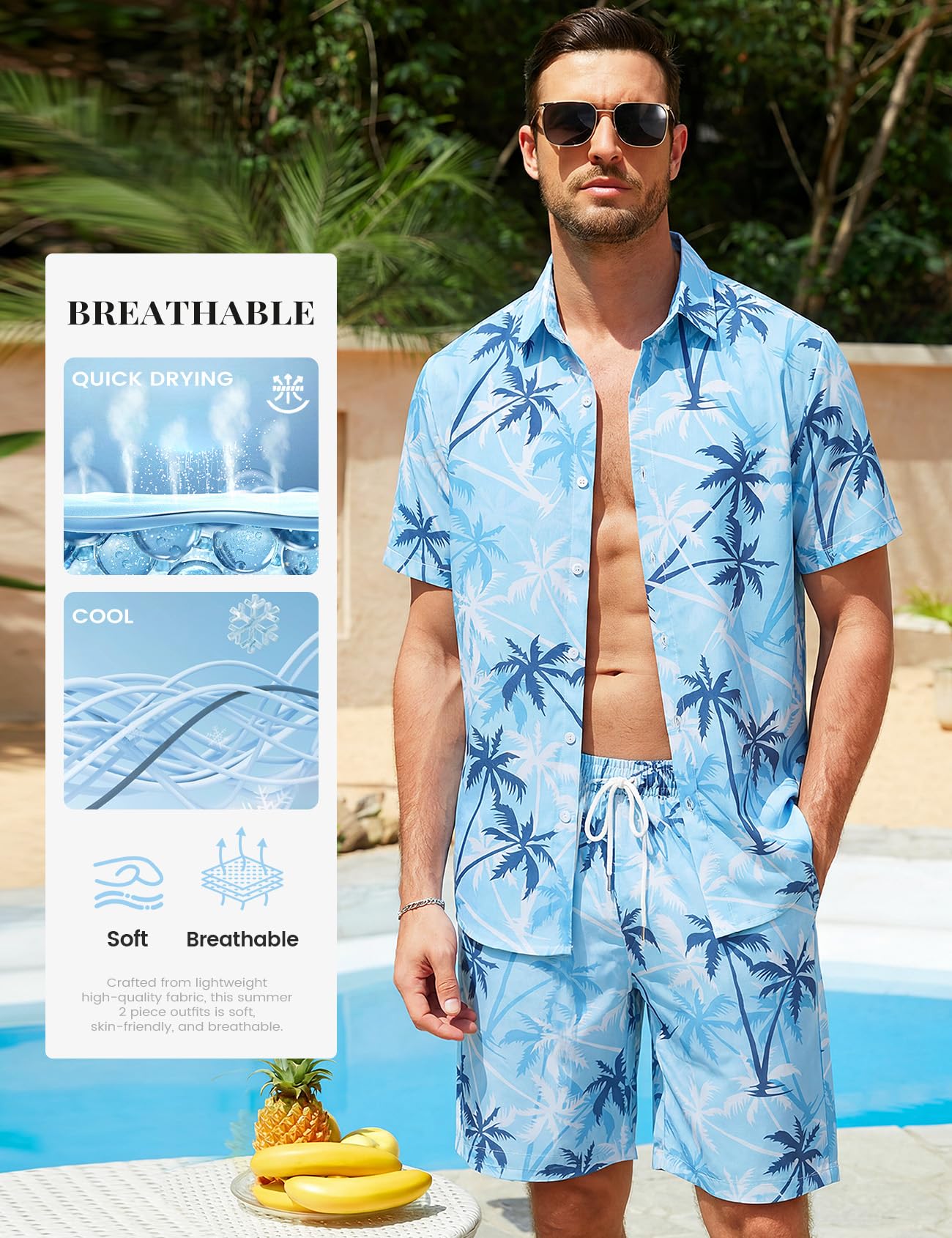 Mens Summer Outfits 2 Piece Tropical Hawaiian Beach Vacation Set | Short Sleeve, Button Down Shirts, Elastic Waist Shorts, Cruises Holiday Set